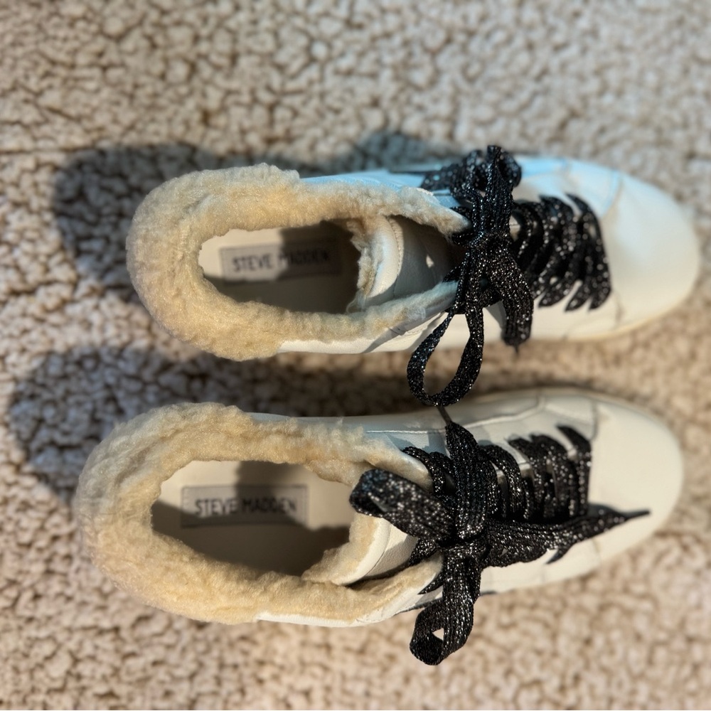 Steve Madden White Sneakers with Black Glitter Laces